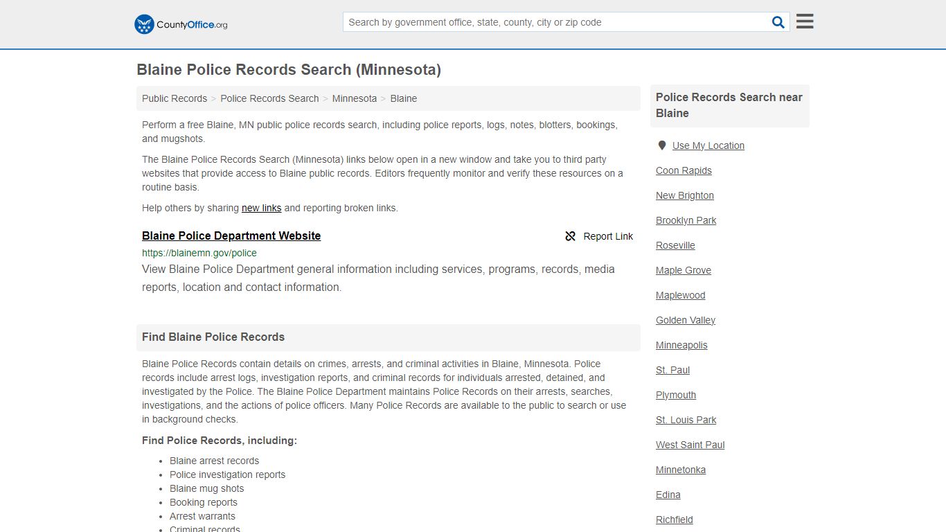 Blaine Police Records Search (Minnesota) - County Office